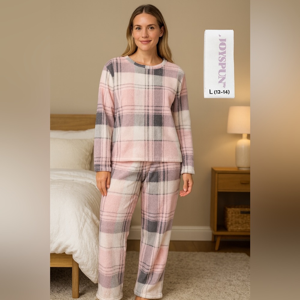 Joyspun Pink Gray Plaid Fleece Pajama Set Size L (12–14)